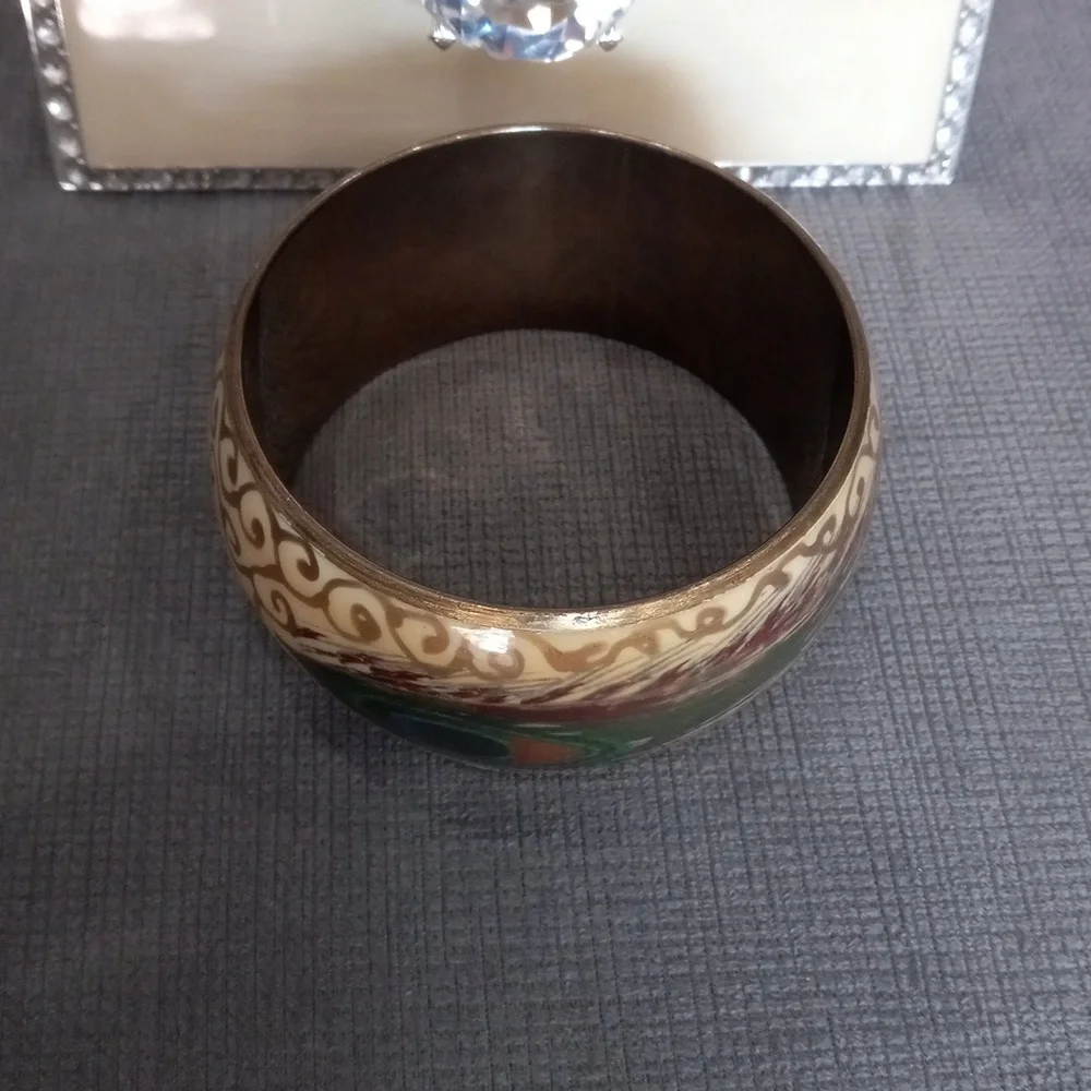 Vintage Peacock Feather Brass & Cloisonné Chunky Bangle Bracelet Boho